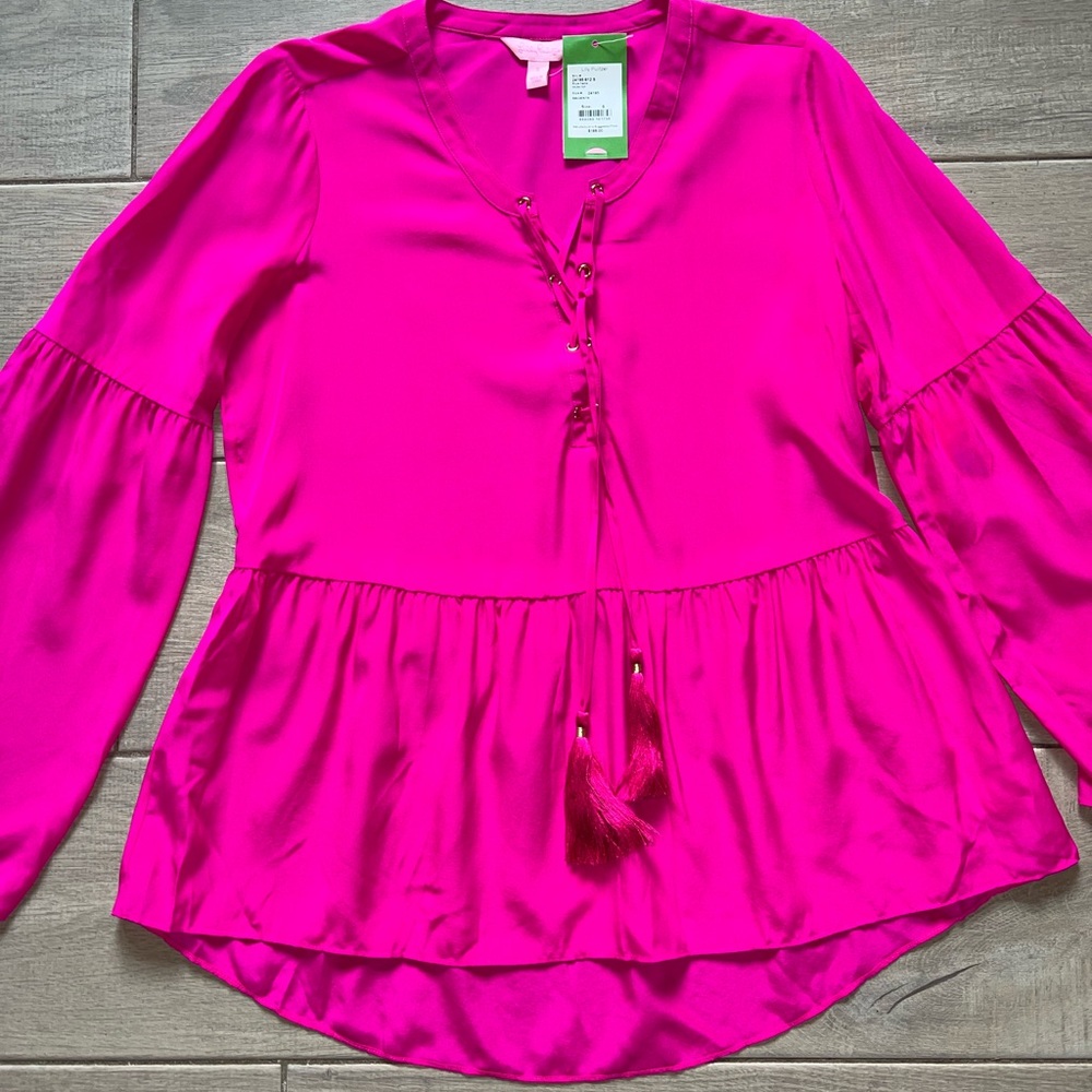🩷 Valentine Lilly Pulitzer Small Milan blouse 100% silk wide sleeve hot pink NWT